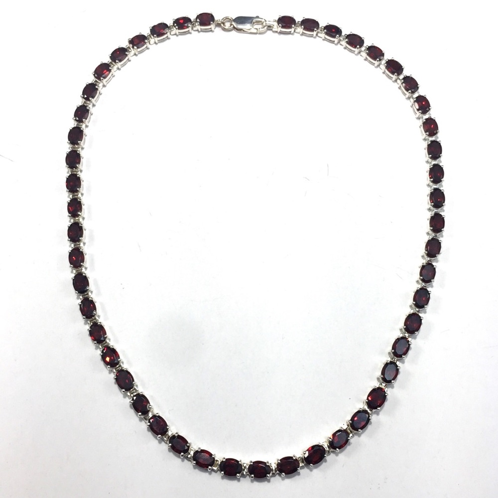 Genuine garnet tennis necklace, sterling silver
